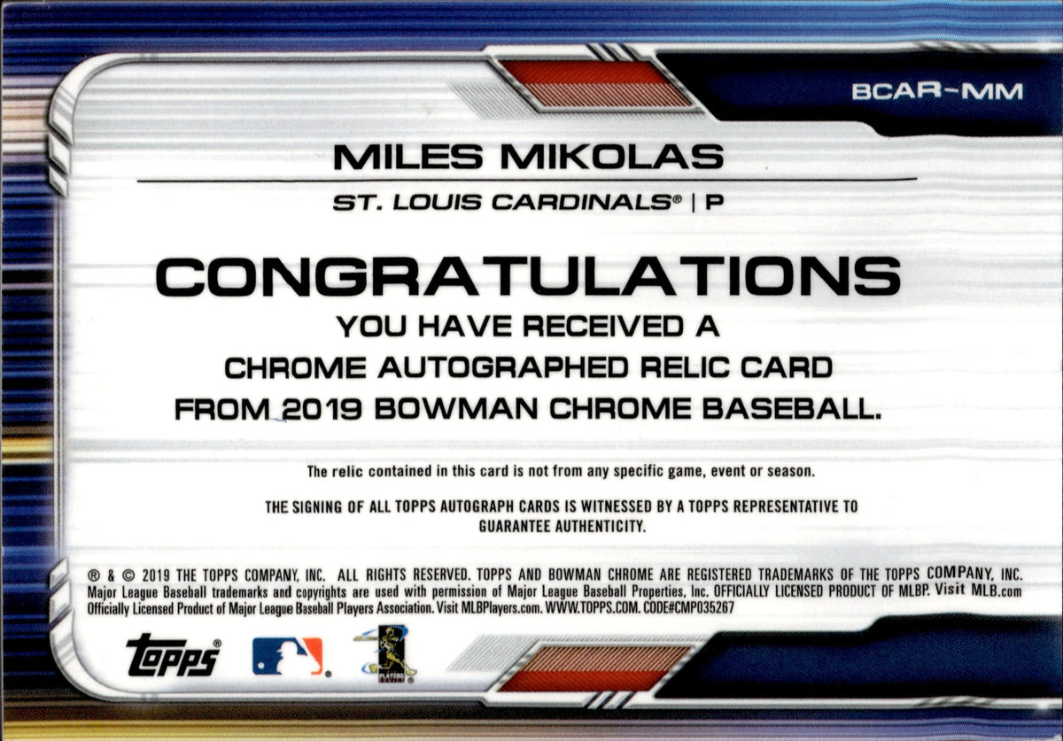 2019 Miles Mikolas Bowman Chrome REFRACTOR JERSEY AUTO 032/150 AUTOGRAPH  RELIC #BCAR-MM St. Louis Cardinals