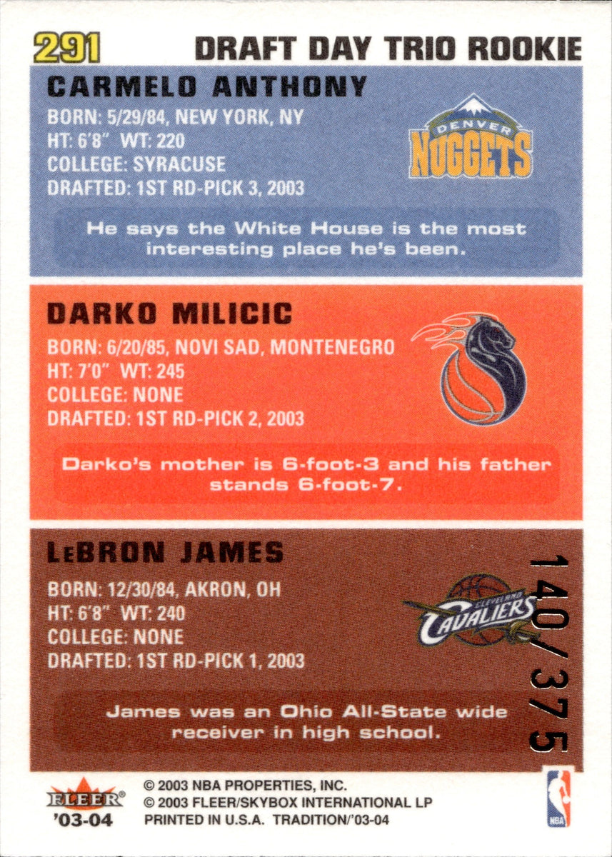 2003-04 LeBron James Darko Milicic Carmelo Anthony Fleer Tradition DRA