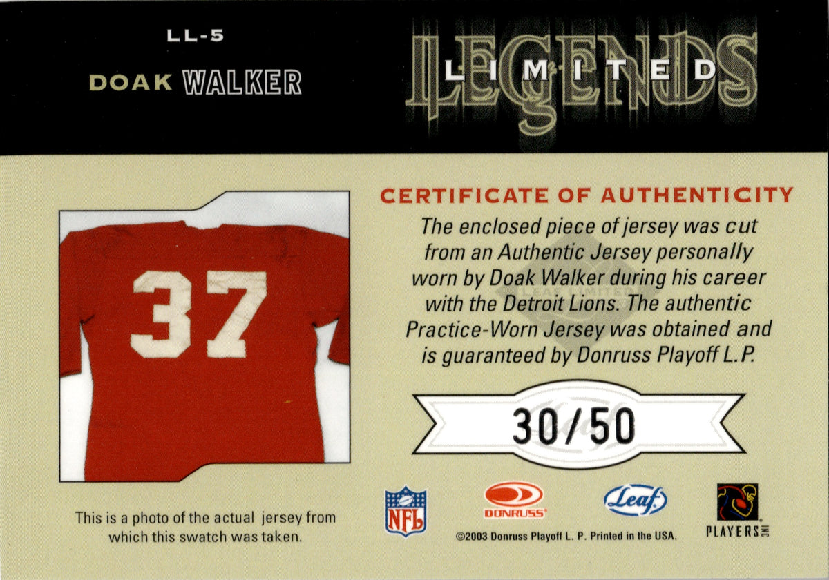 2003 Doak Walker Leaf Limited LEGENDS JERSEY 30/50 RELIC #LL5 Detroit