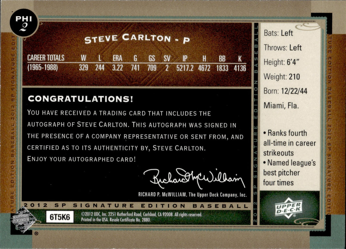 2012 Steve Carlton Upper Deck SP Signature Edition AUTO AUTOGRAPH #PHI