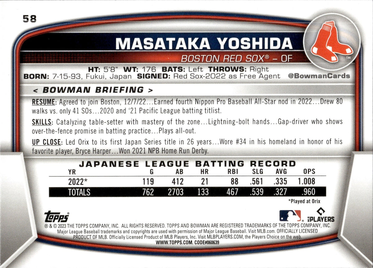 Masataka Yoshida, Boston Red Sox - 2023 Bowman Rookie Card (RC)