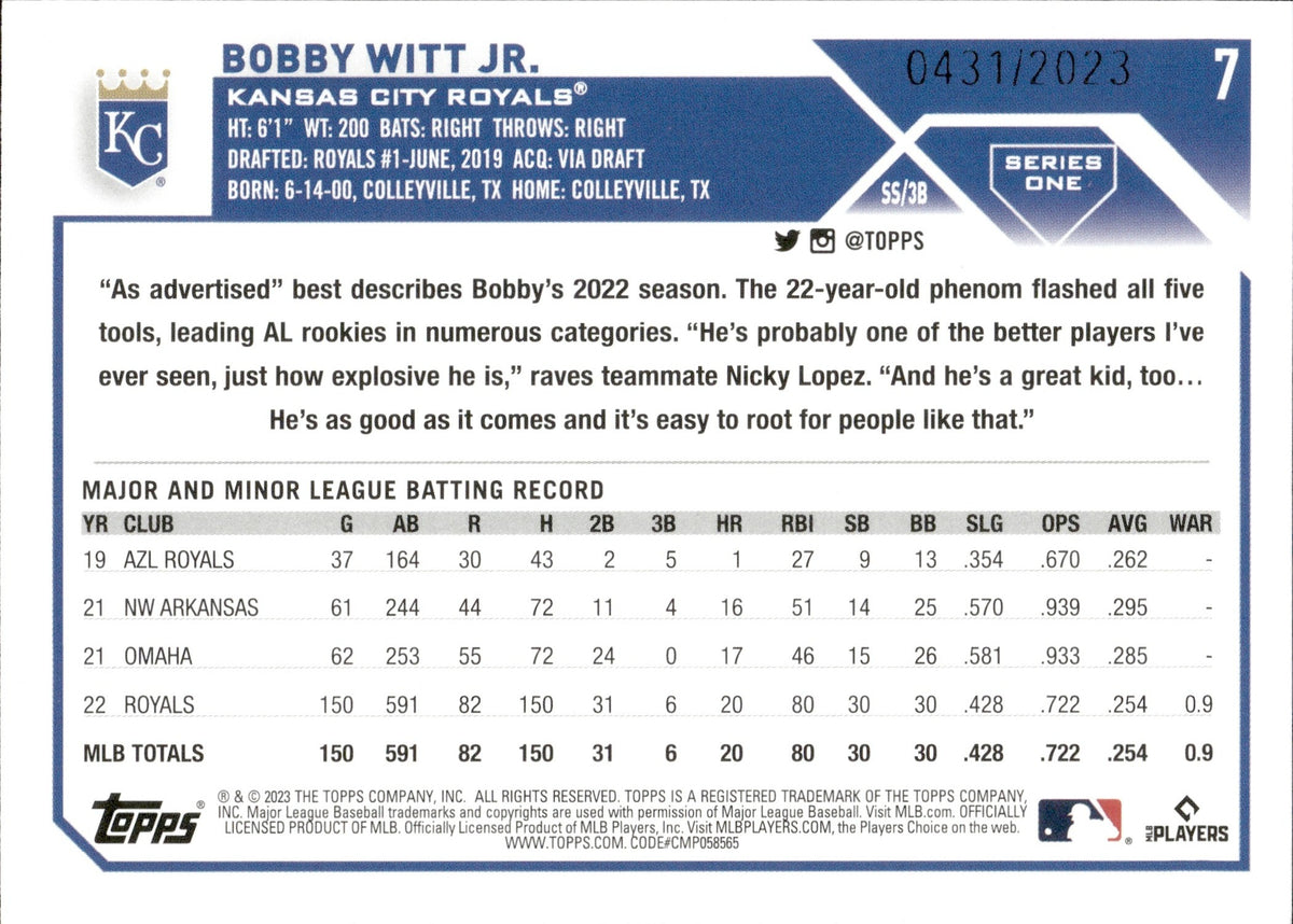 2023 Bobby Witt Jr. Topps Series 1 GOLD 0431/2023 #7 Kansas City Royal