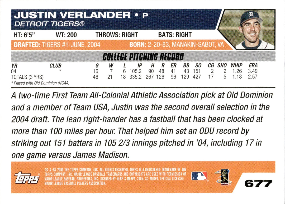 Justin Verlander 2005 Topps Update RC Rookie Baseball Card 