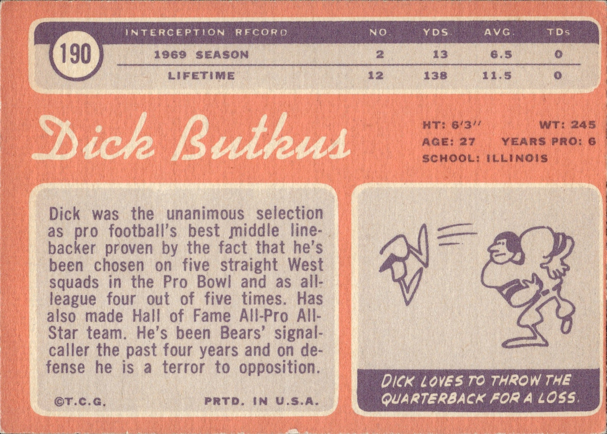 1970 Dick Butkus Topps #190 Chicago Bears HOF BV $40