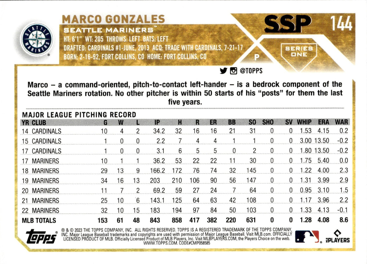 2023 Topps #144 Marco Gonzales Seattle Mariners Baseball Card