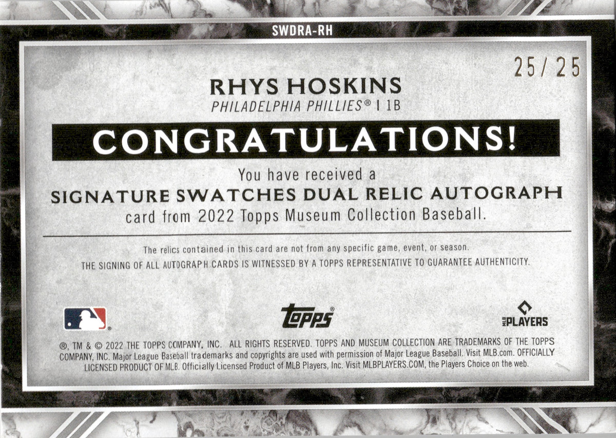 2022 Rhys Hoskins Topps Museum SIGNATURE SWATCHES DUAL PATCH JERSEY AUTO  25/25 AUTOGRAPH RELIC #SWDRA-RH Philadelphia Phillies