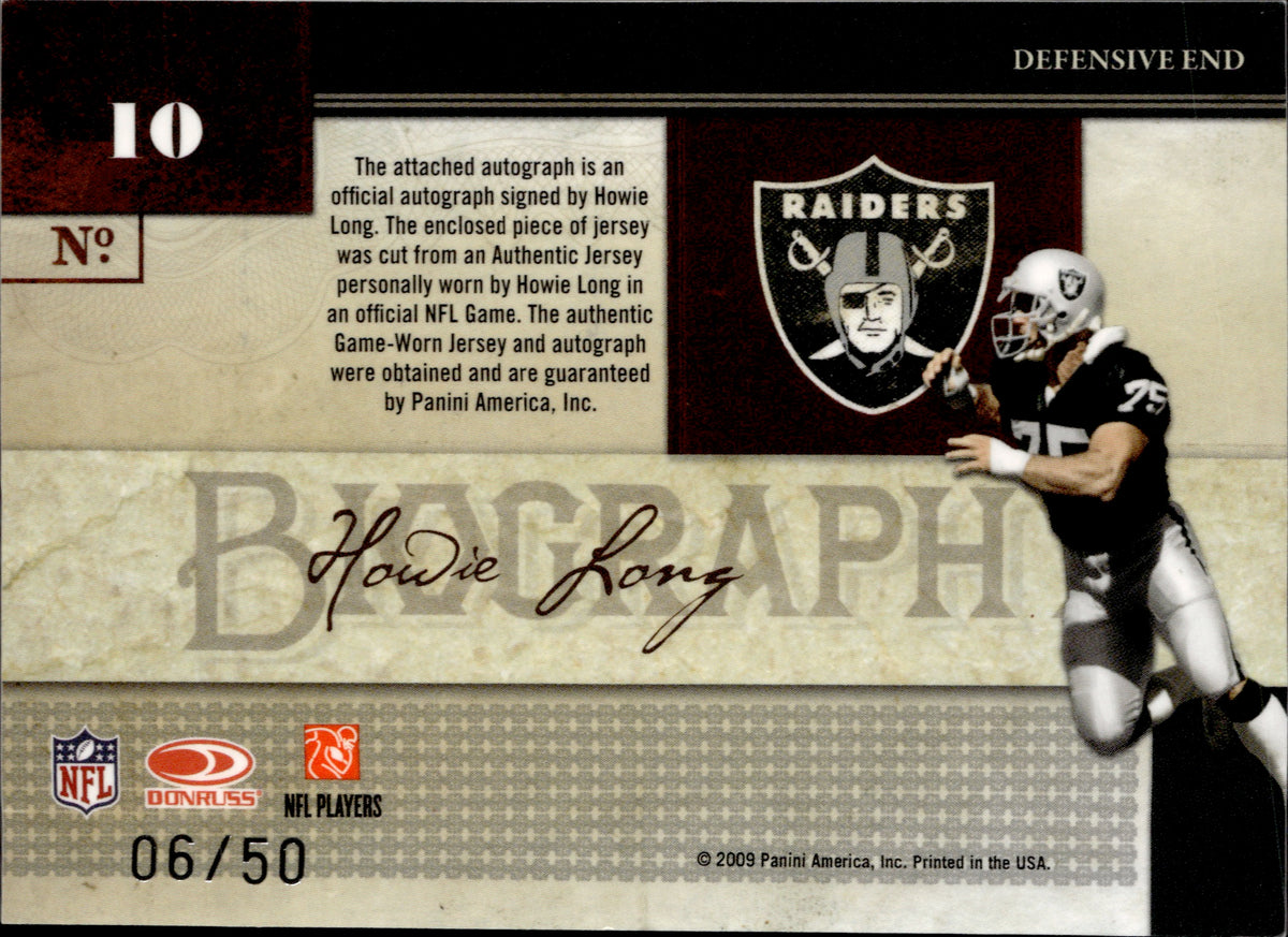 2009 Howie Long Playoff National Treasures BIOGRAPHY JERSEY AUTO 06/50