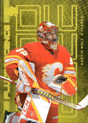 2023-24 Dustin Wolf Upper Deck Series 2 FLUORESCENCE GOLD 143/150 #F-7 Calgary Flames