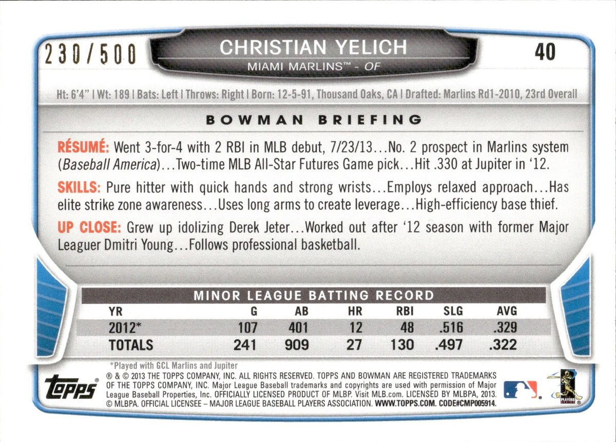 Autographed Miami Marlins Christian Yelich 2013 Bowman Chrome