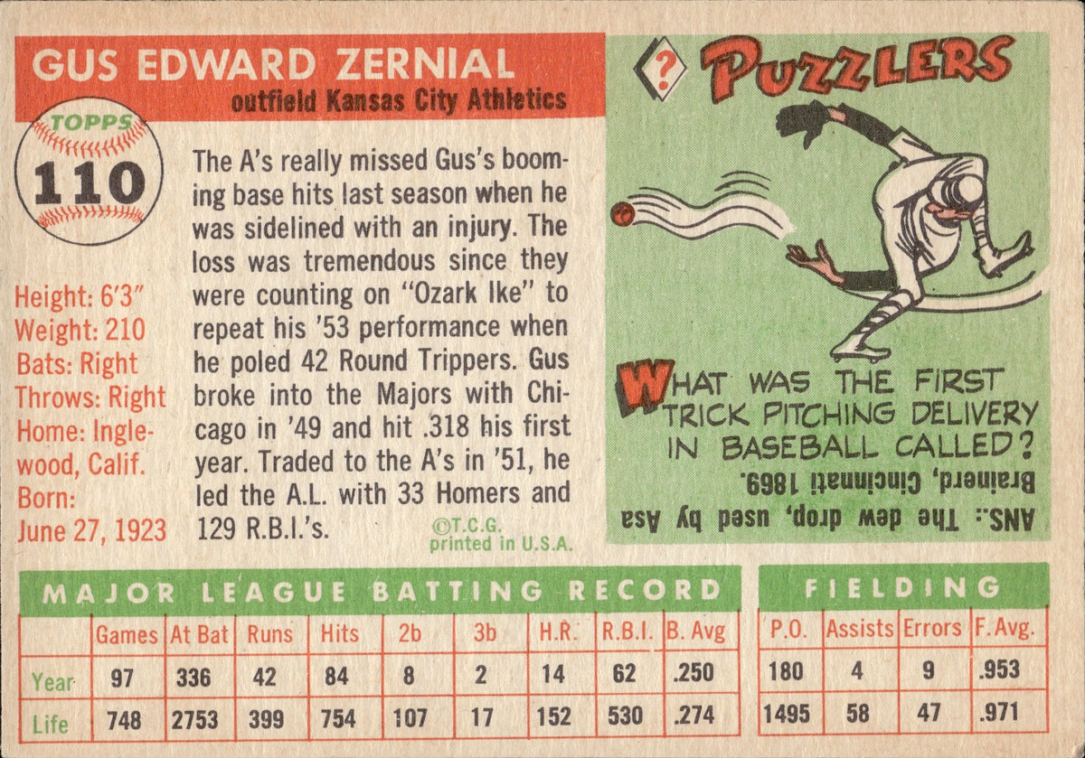  1955 Topps # 110 Gus Zernial Kansas City Athletics