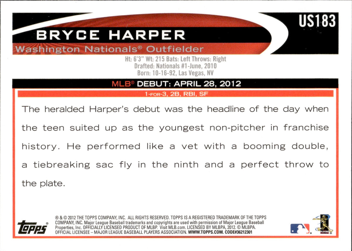 Bryce Harper 2012 Topps Update Rookie Debut - Gold #US183 Price