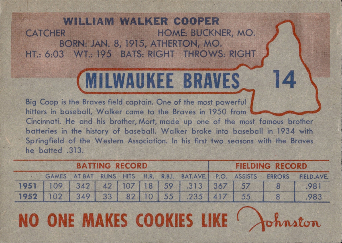 1953 Walker Cooper Johnson Cookies #14 Milwaukee Braves