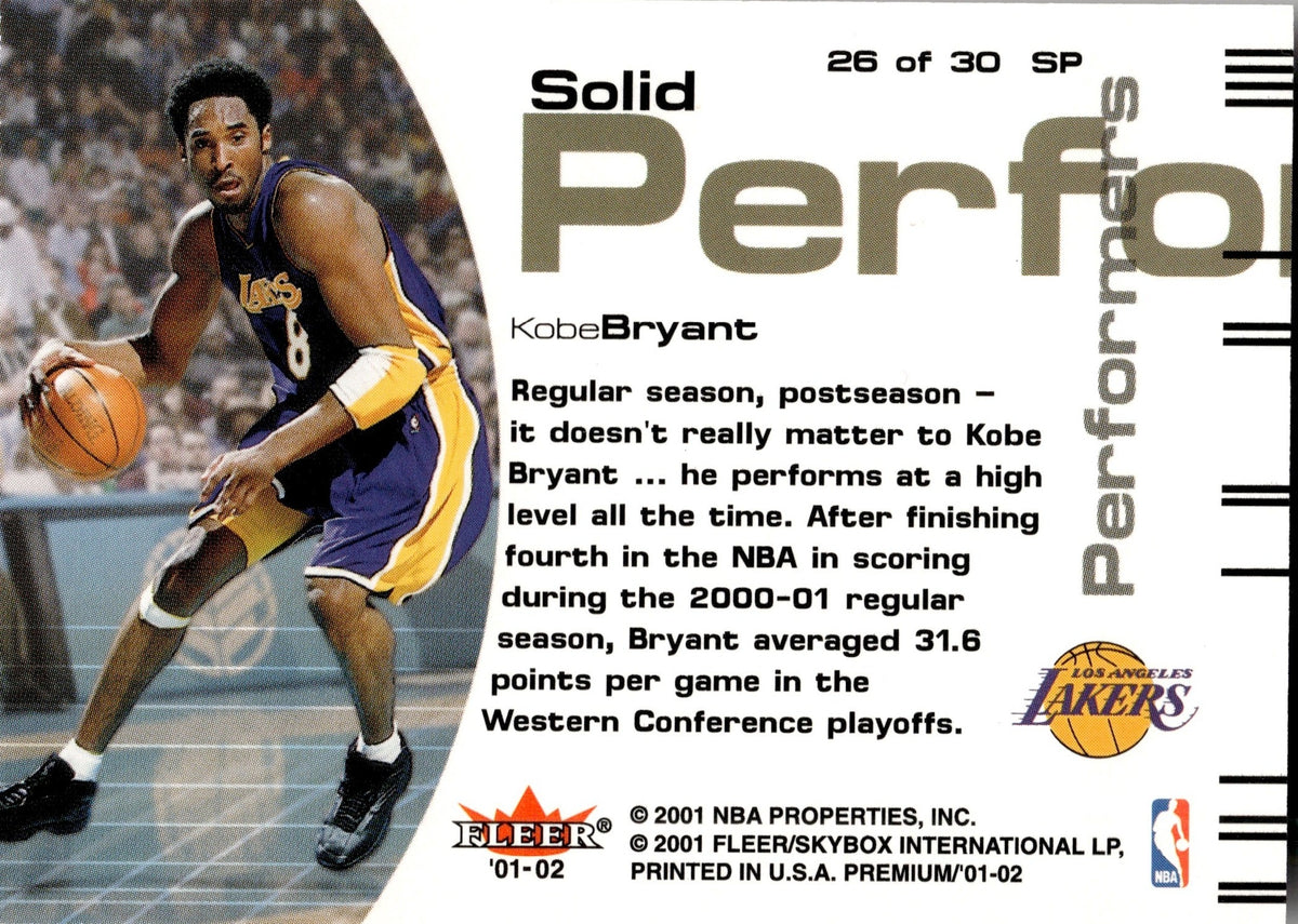 2001-02 Kobe Bryant Fleer Premium SOLID PERFORMERS #26SP Los Angeles Lakers  HOF