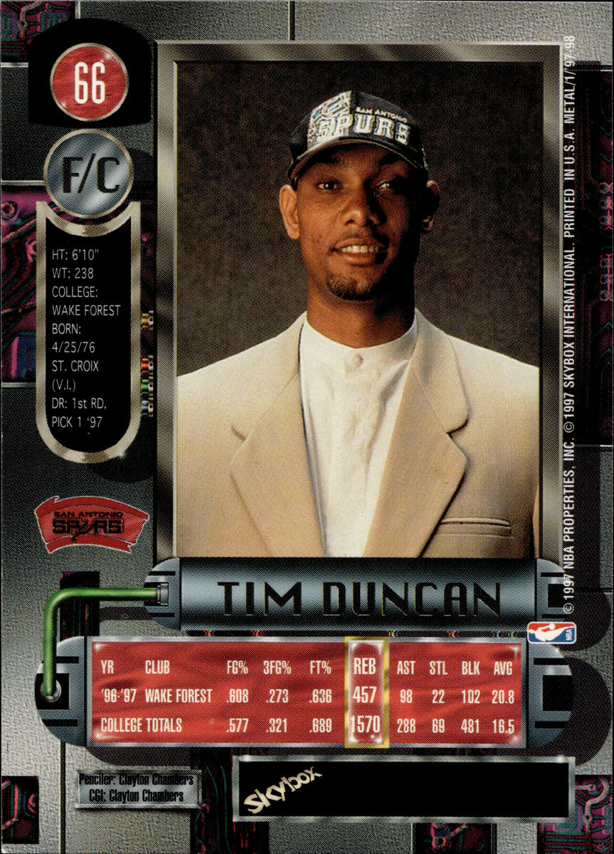 1997-98 Tim Duncan Metal Universe ROOKIE RC #66 San Antonio Spurs HOF