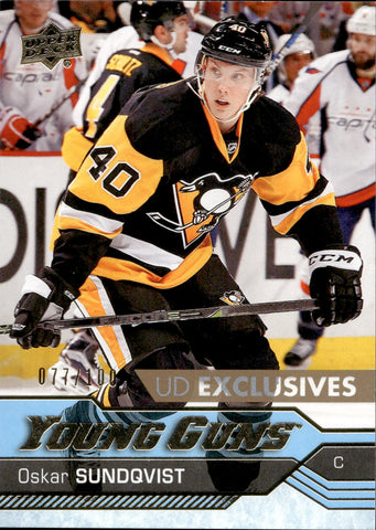 2016-17 Oskar Sundqvist Upper Deck Series 2 EXCLUSIVES YOUNG GUNS ROOKIE 077/100 RC #487 Pittsburgh Penguins