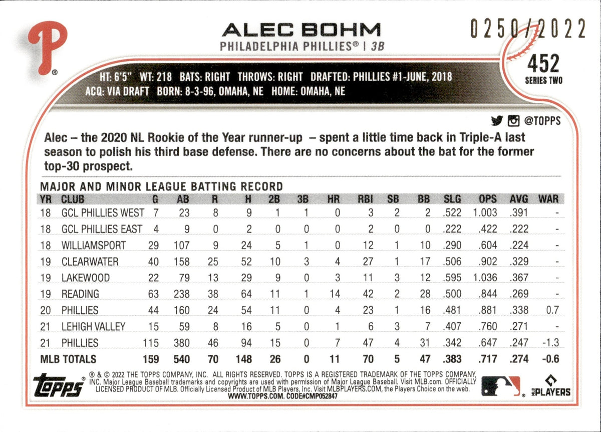 2022 Topps #452 Alec Bohm Future Stars Philadelphia Phillies