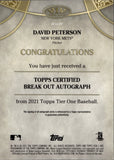 2021 David Peterson Topps Tier One BRK OUT ROOKIE AUTO 190/300 AUTOGRAPH RC #BOA-DP New York Mets