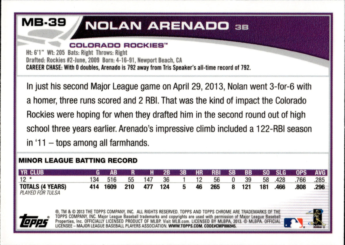 2013 Topps Chrome Update #MB-39 Nolan Arenado Rookie Card RC 