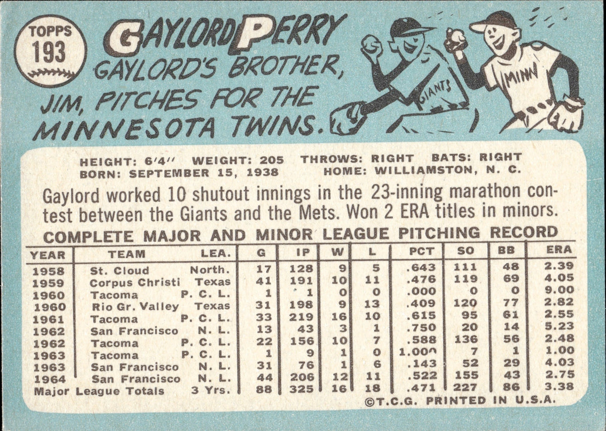  1965 Topps # 193 Gaylord Perry San Francisco Giants