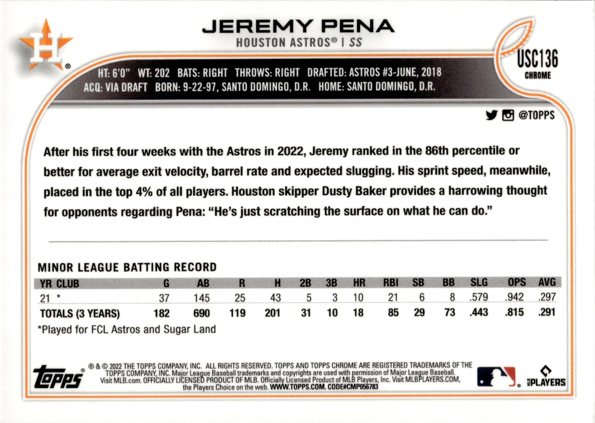 Jeremy Pena 2022 Topps Chrome Rookie Card #USC136 Houston Astros