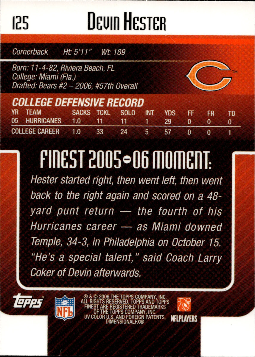 chicago bears devin hester jersey card Panini