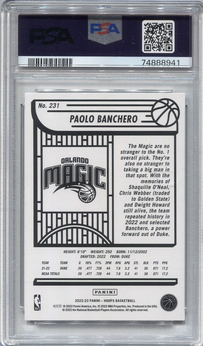 2022-23 Paolo Banchero Panini NBA Hoops PURPLE ROOKIE RC PSA 9 #231 Or