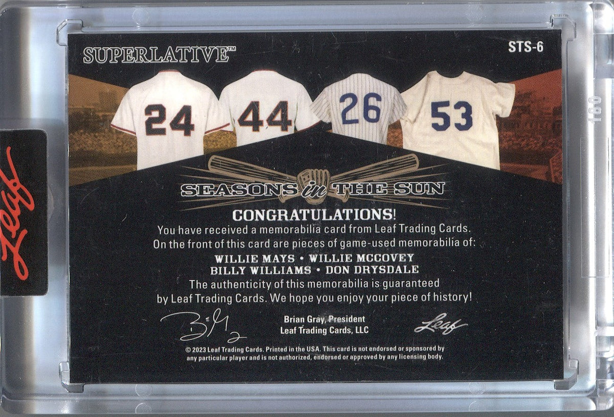 2023 Willie Mays Willie McCovey Billy WIlliams Don Drysdale Leaf  Superlative RED SEASONS IN THE SUN QUAD JERSEY 1/5 RELIC #STS-6 Giants Cubs  Dodgers