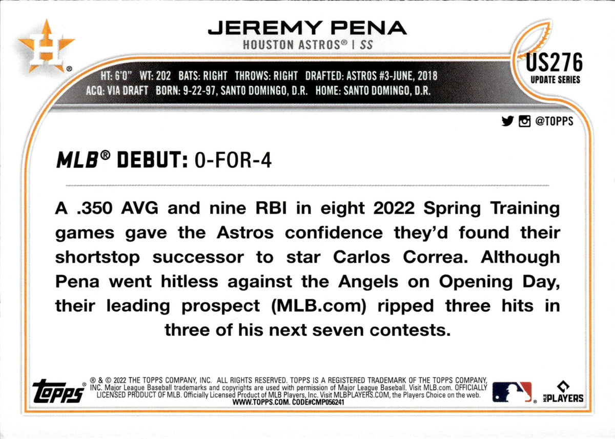 Jeremy Pena Houston Astros 2022 Topps Update # US253 Rookie