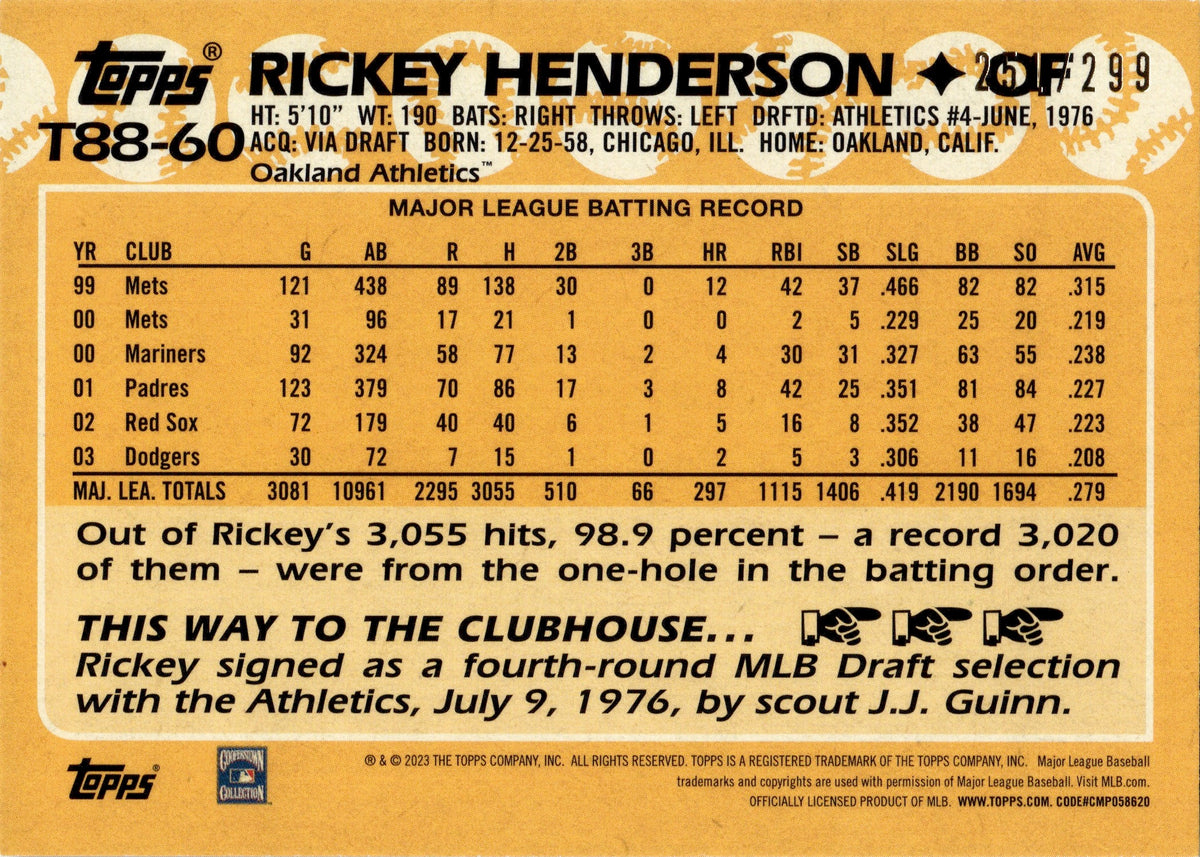2023 TOPPS SERIES 1 - Rickey Henderson - 35th Anniversary - T88-60