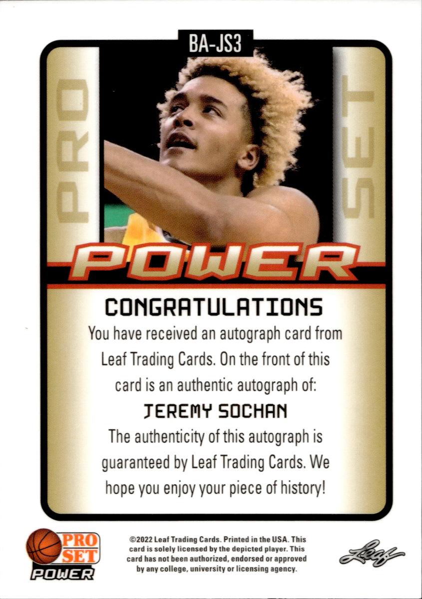 2021-22 Jeremy Sochan Leaf Pro Set Power ROOKIE AUTO AUTOGRAPH RC #BA-