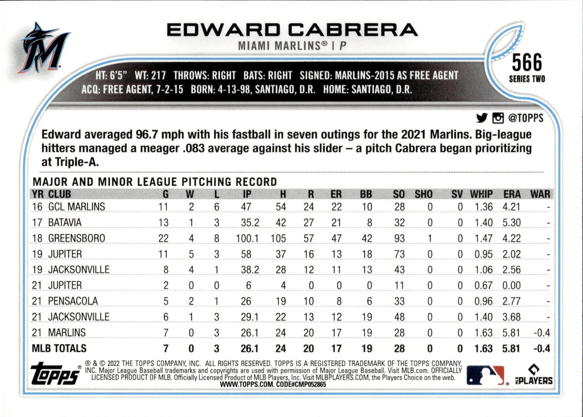 2022 Edward Cabrera Topps Series 2 ROOKIE PHOTO VARIATION RC #566 Miam