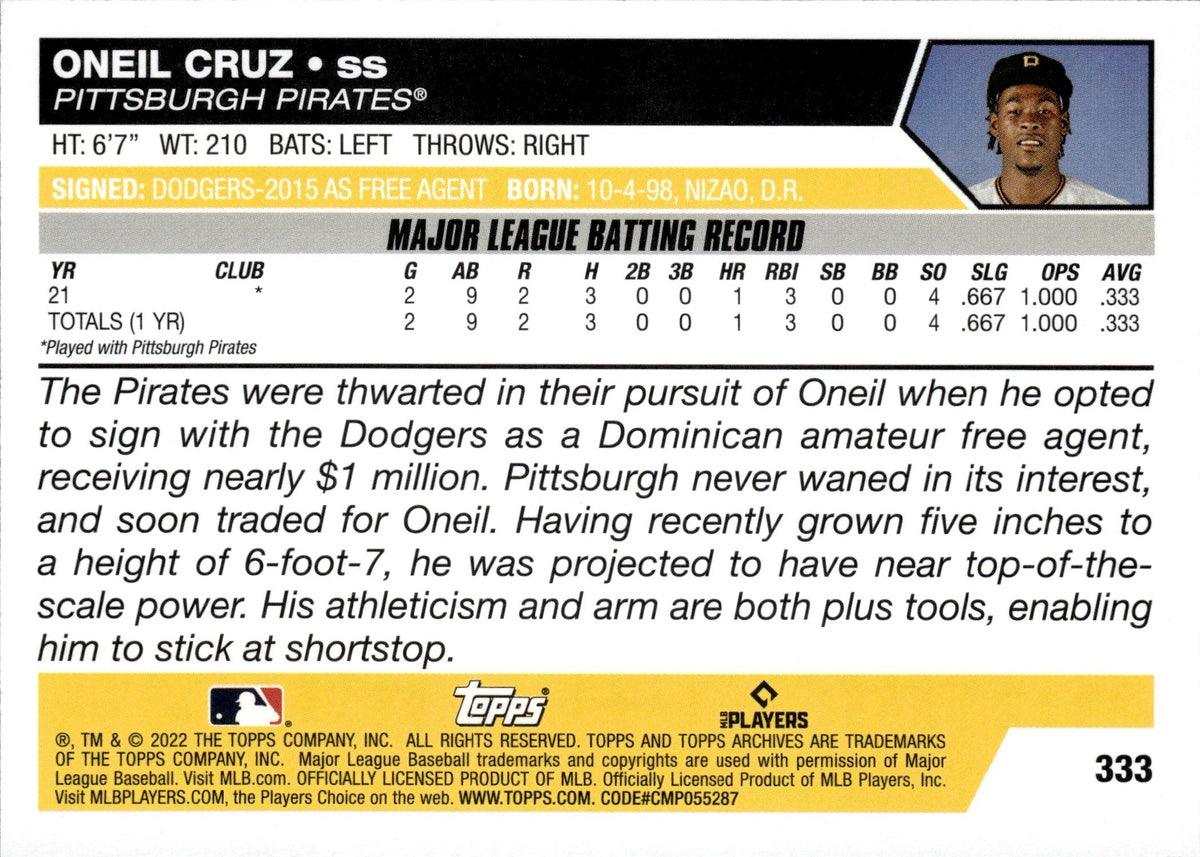 2022 Bowman Chrome Oneil Cruz RC Rookie Auto Autograph Pittsburgh Pirates