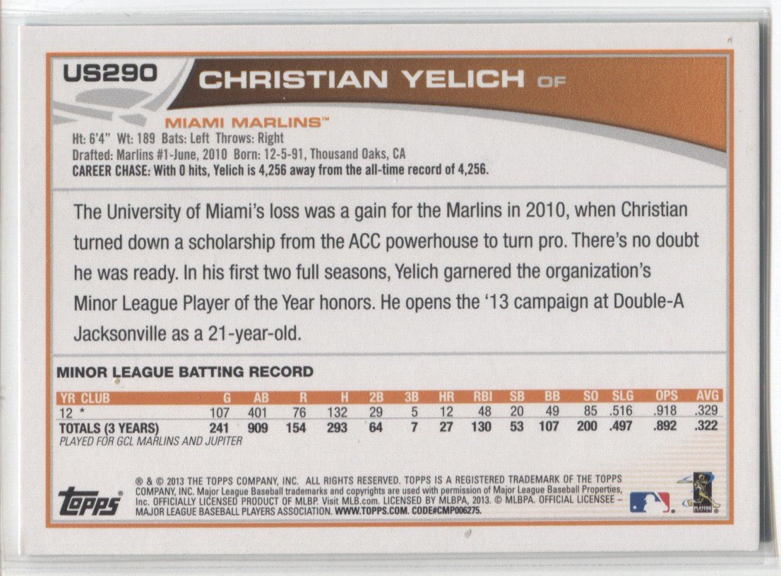 2013 Topps Update #US290 Christian Yelich Miami Marlins RC Rookie ISA 9 MINT