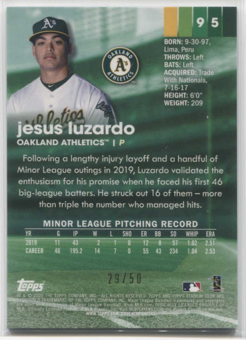 Jesus Luzardo player worn jersey patch baseball card (Athletics