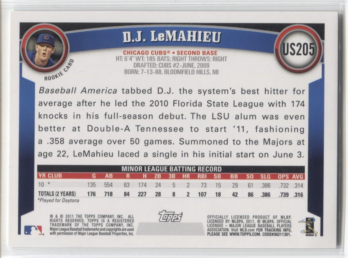 2011 Topps Update Baseball #US205 DJ (DJ) Lemahieu Rookie Card