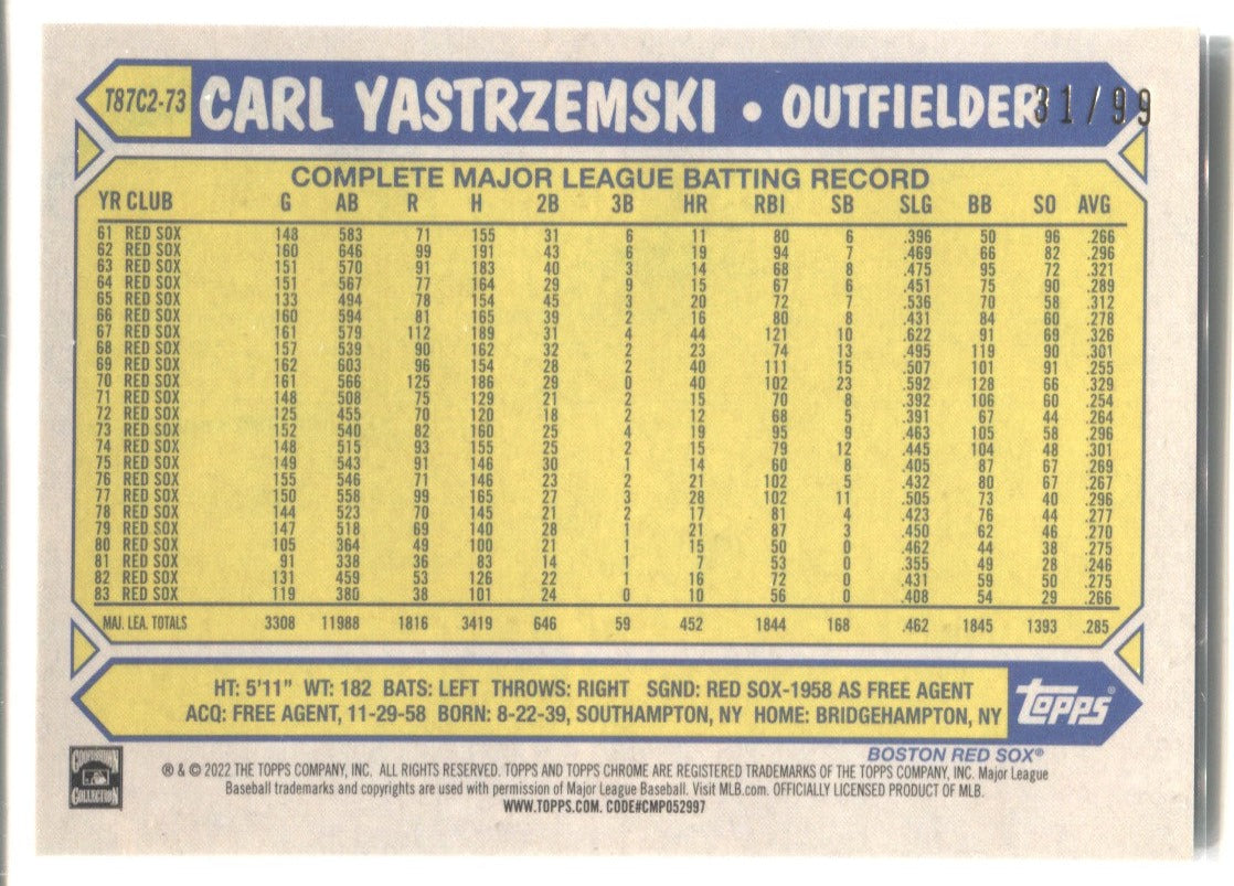  1987 Topps # 314 Turn Back The Clock Carl Yastrzemski Boston Red  Sox (Baseball Card) NM/MT Red Sox : Collectibles & Fine Art