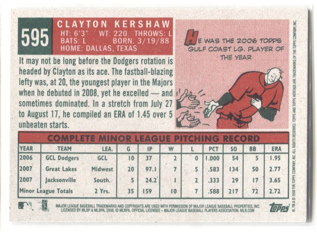 Clayton Kershaw 2008 TOPPS HERITAGE ROOKIE STARS OF '08 RC #595 L.A.  DODGERS!