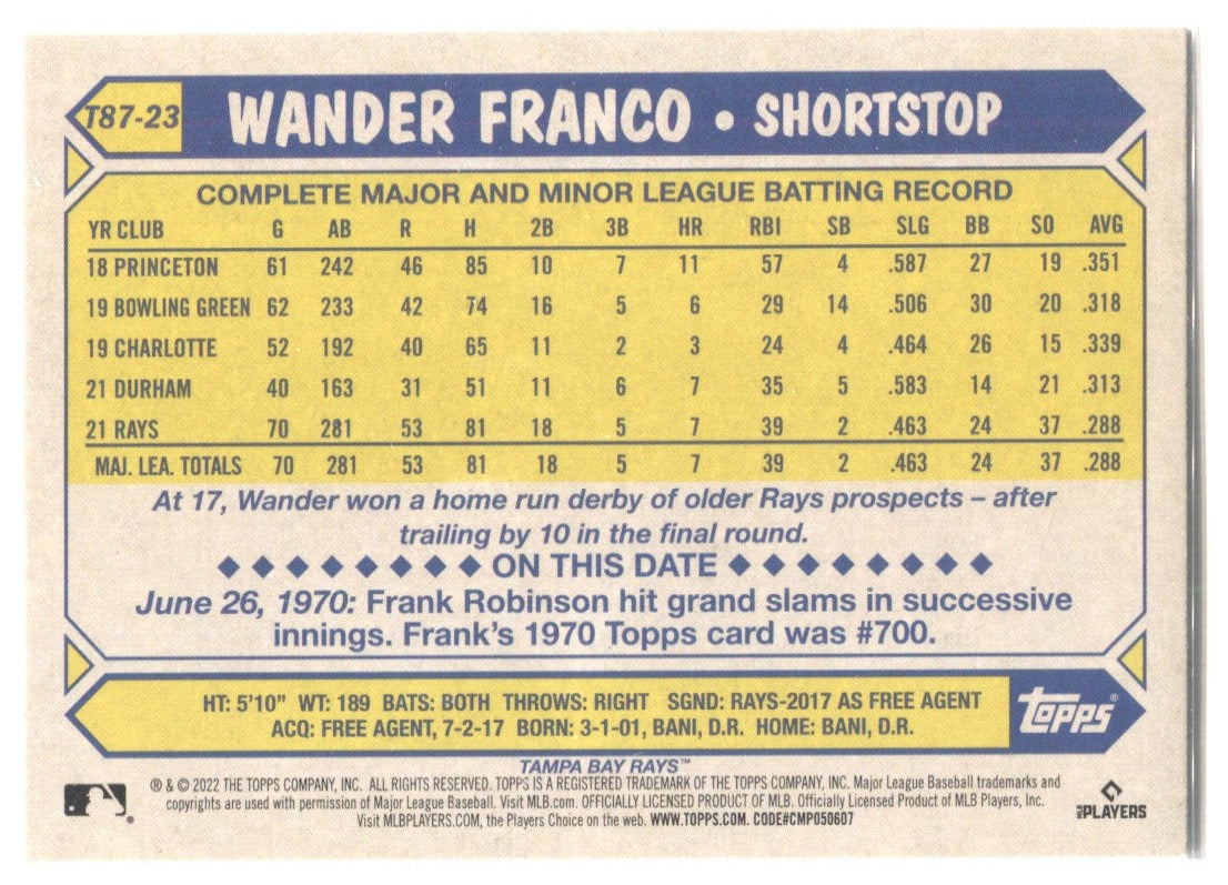 2022 Wander Franco Topps Series 1 1987 35TH ANNIVERSARY ROOKIE RC #T87