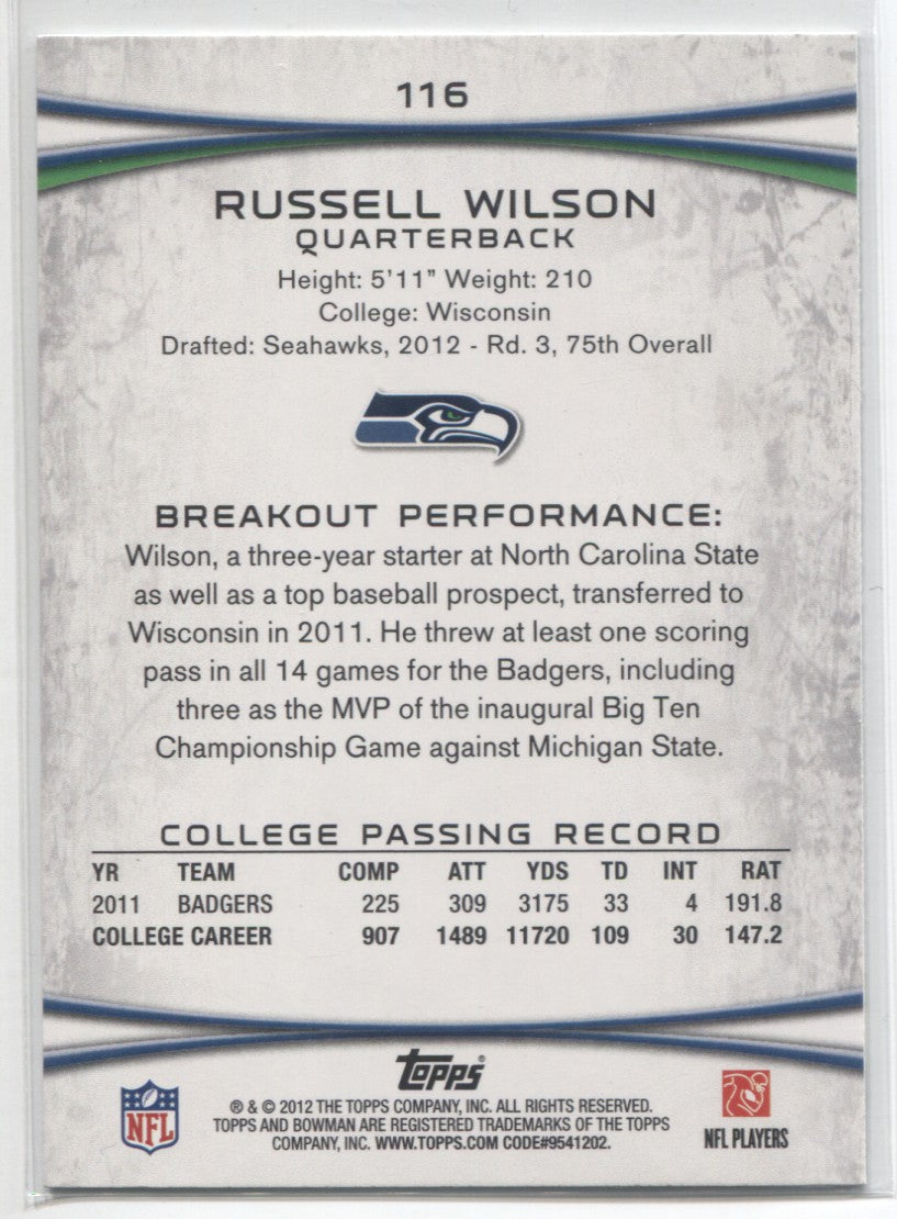 Russell Wilson Autographed 2012 Bowman Rookie Card #116 Seattle