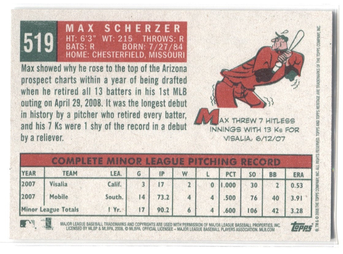 Max Scherzer Arizona Diamondbacks 2008 Topps Heritage # 519