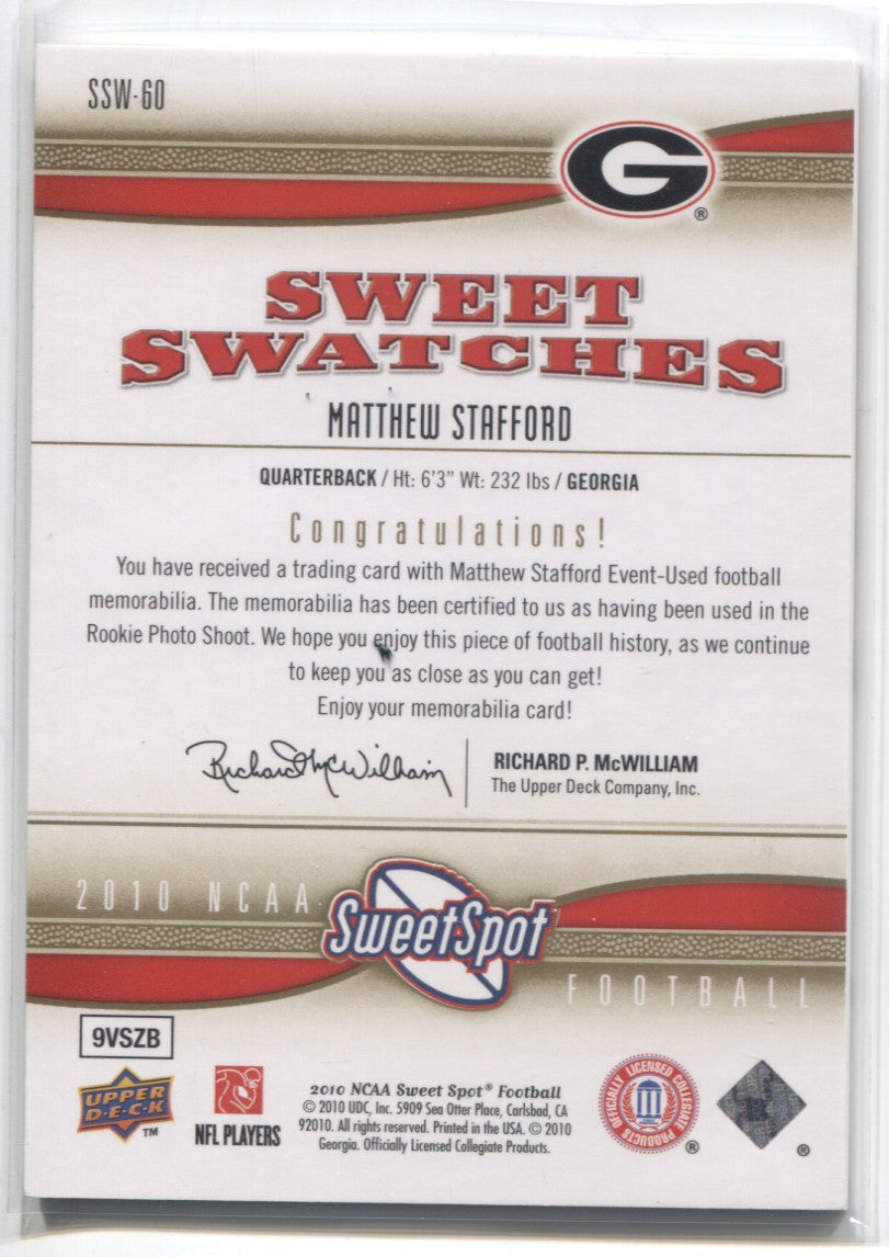 2010 Matthew Stafford Upper Deck NCAA Sweet Spot JERSEY RELIC #SSW-60