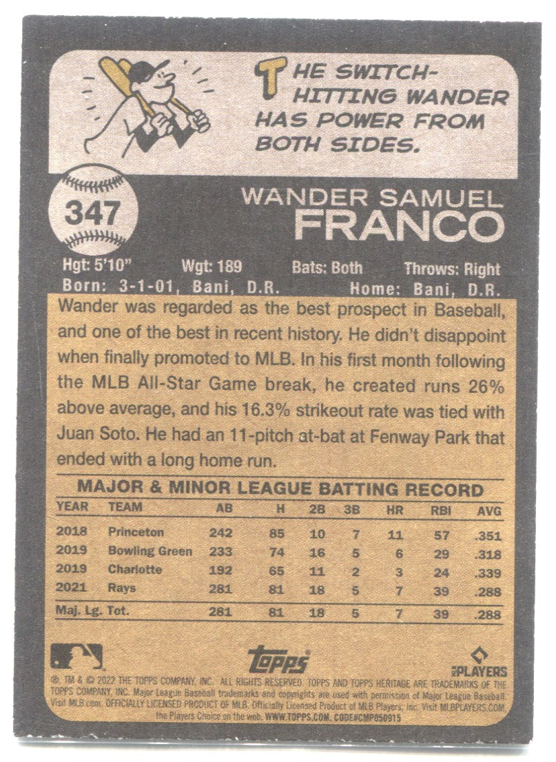 Wander Franco 2022 TOPPS HERITAGE ROOKIE RC #347 TAMPA BAY RAYS!