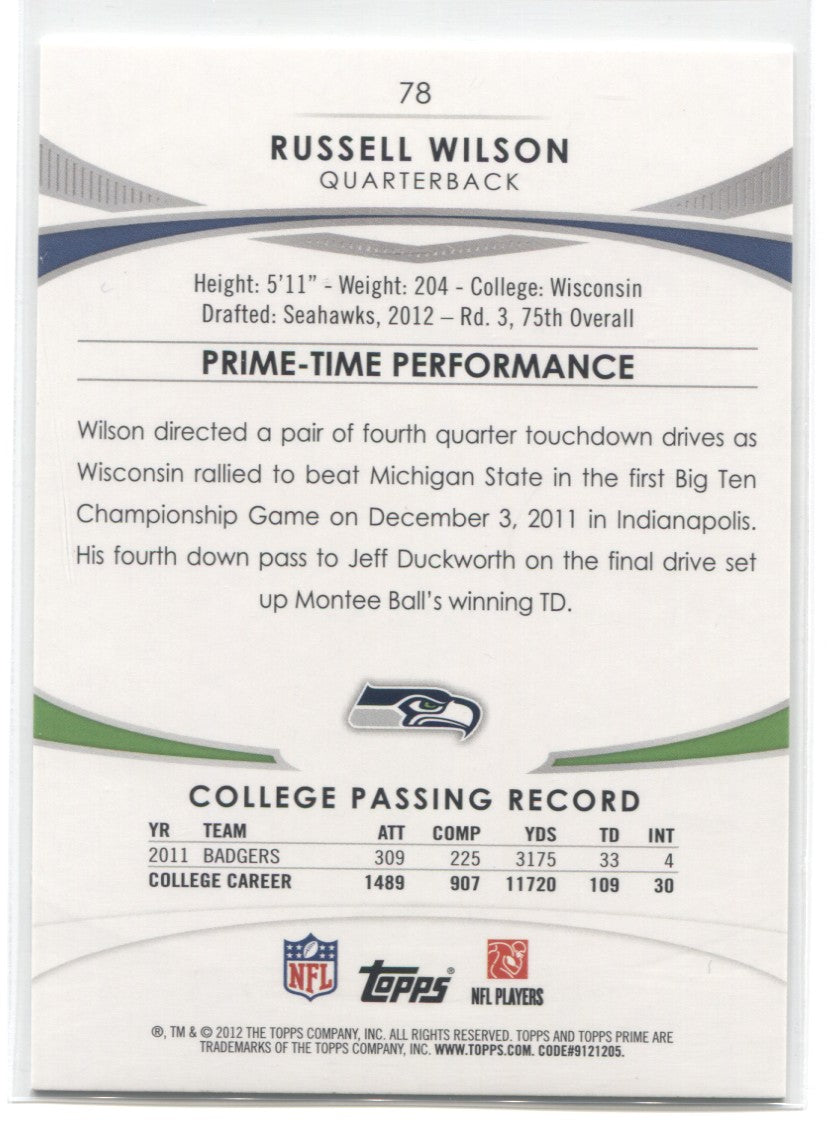 Russell Wilson 2012 TOPPS PRIME ROOKIE RC #78 SEATTLE SEAHAWKS!