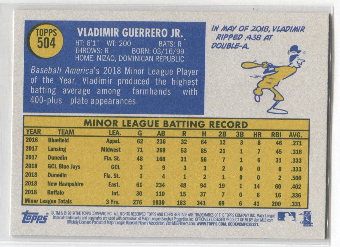 Vladimir Guerrero Jr 2019 Topps Heritage #504 Rookie Card