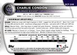 2025 Charlie Condon Bowman BOWMAN CHROME PROSPECT PURPLE SHIMMER 130/250 #BCP-248 Colorado Rockies