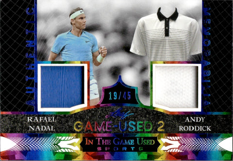 2024 Rafael Nadal Andy Roddick Leaf In the Game Used RAINBOW FOIL DUAL SHIRT 19/45 RELIC #IG2-23 Tennis