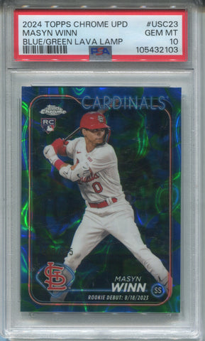 2024 Masyn Winn Topps Chrome Update ROOKIE BLUE GREEN LAVA LAMP REFRACTOR 058/125 PSA 10 RC #USC23 St. Louis Cardinals 2103 *Case Scratches*