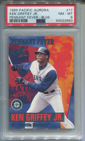 1999 Ken Griffey Jr. Pacific Aurora BLUE PENNANT FEVER 026/100 PSA 8 #17 Seattle Mariners HOF 2663