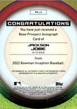 2022 Jackson Jobe Bowman Inception PROSPECT AUTO 110/200 AUTOGRAPH #PA-JJ Detroit Tigers