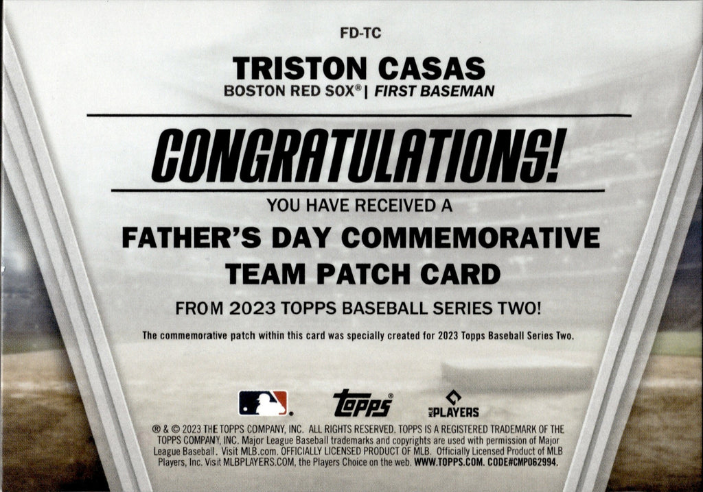 2023 Topps Series 2 Triston Casas Father's Day Patch Rookie FD-TC Boston Red  Sox